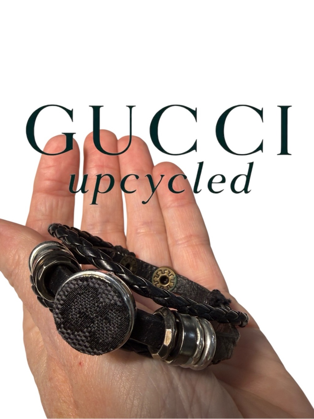 Gucci upcycled Black Braided & Smooth Leather Bracelet with Silver Accents